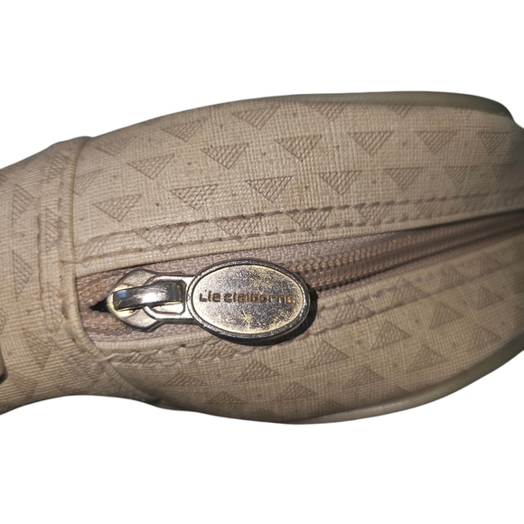 Liz Claiborne 1980s Vtg Purse Triangle Print Taupe & Khaki Shoulder Bag Zip Top - Picture 4 of 12